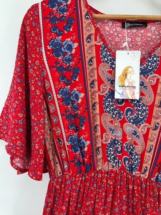 PRETTYGARDEN Women's Boho Floral Print Dress V Neck Maxi Dress Women's Med NWT - Picture 6 of 8